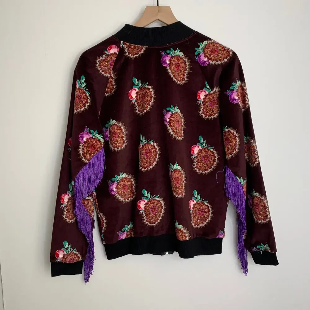 Moon & Nomad Mixed Emotions Velvet Bomber Jacket Burgundy Purple Fringe Medium - Picture 2 of 14